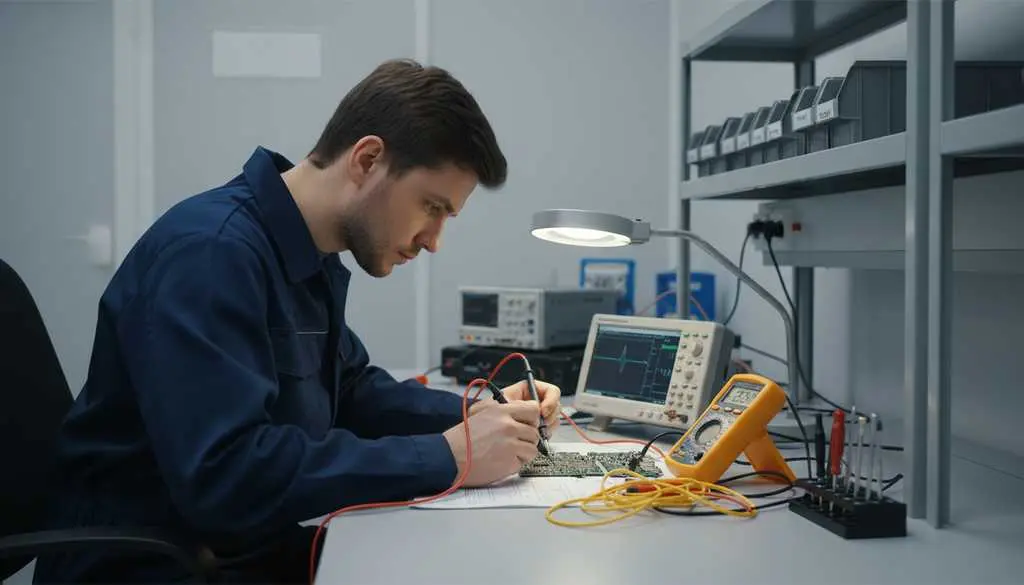 Инженер с осциллографом диагностика платы